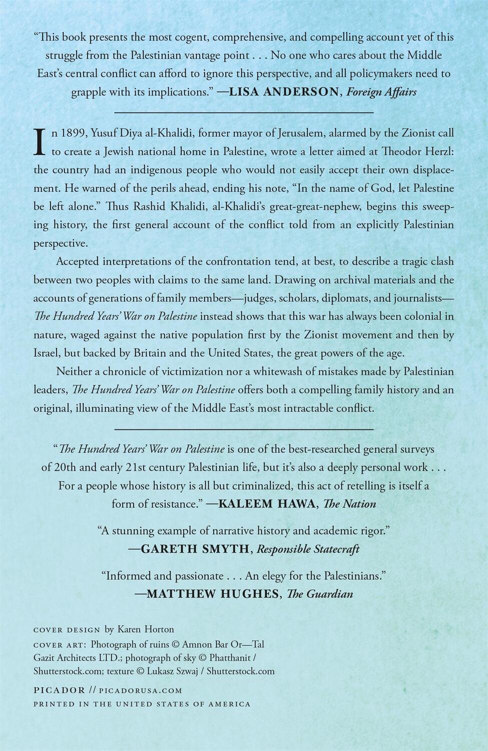 Rückseite: 9781250787651 | The Hundred Years' War on Palestine | Rashid Khalidi | Taschenbuch