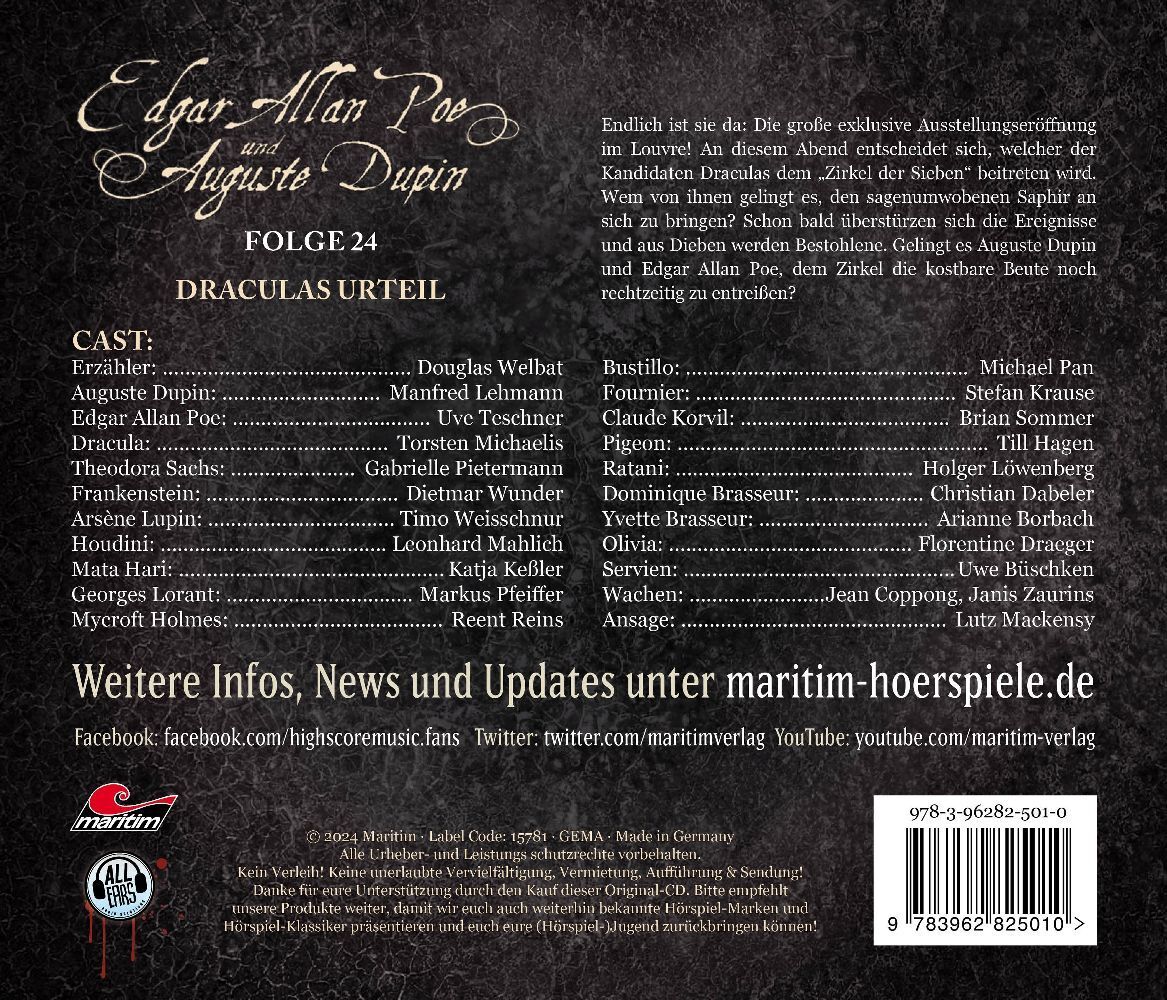 Bild: 9783962825010 | Edgar Allan Poe &amp; Auguste Dupin - Draculas Urteil, 1 Audio-CD | CD