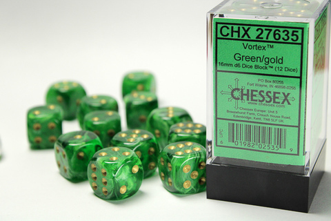 Cover: 601982025359 | Vortex® 16mm d6 Green/gold Dice Block™ (12 dice) | deutsch | Chessex