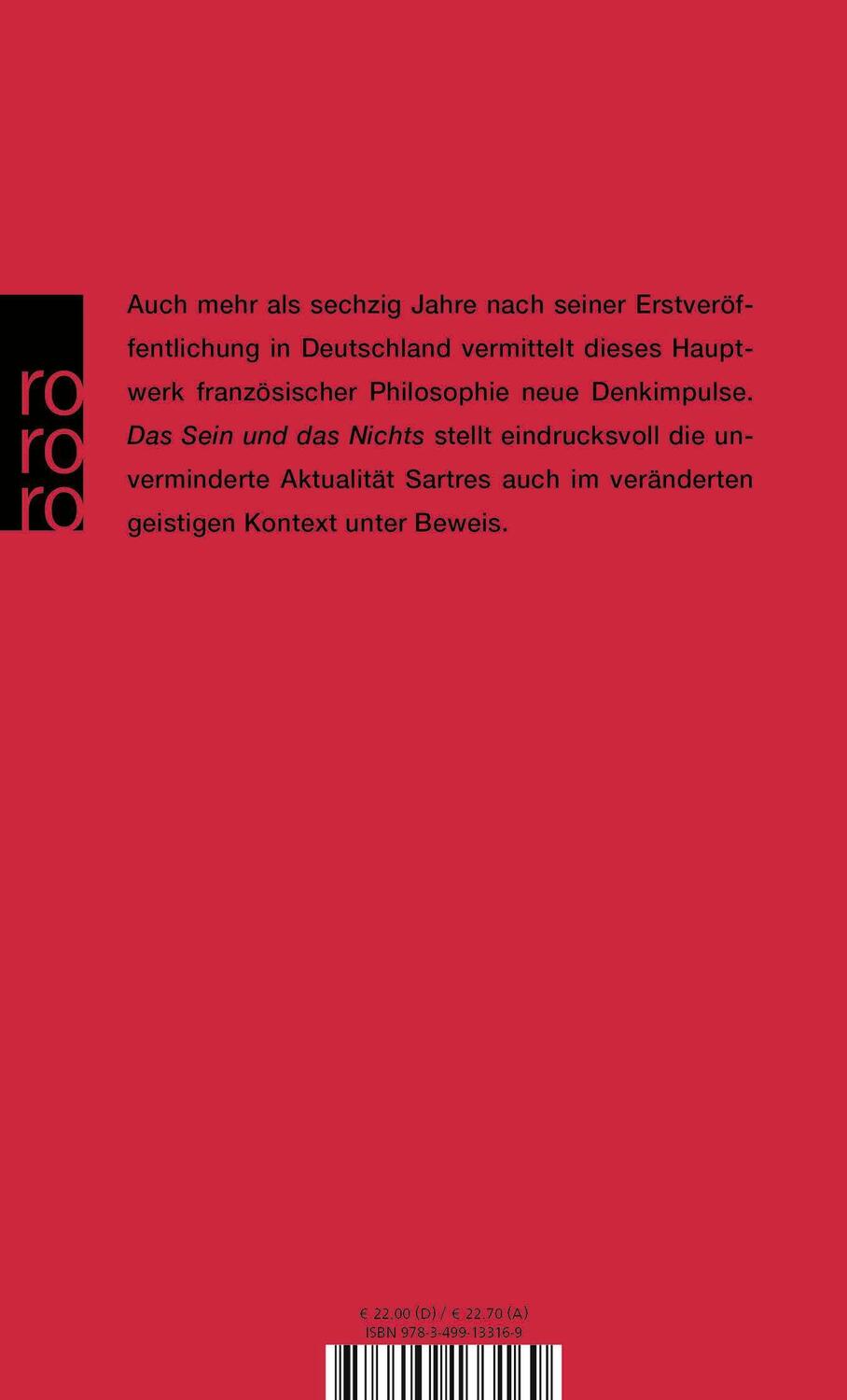 Rückseite: 9783499133169 | Das Sein und das Nichts | Jean-Paul Sartre | Taschenbuch | 1168 S.