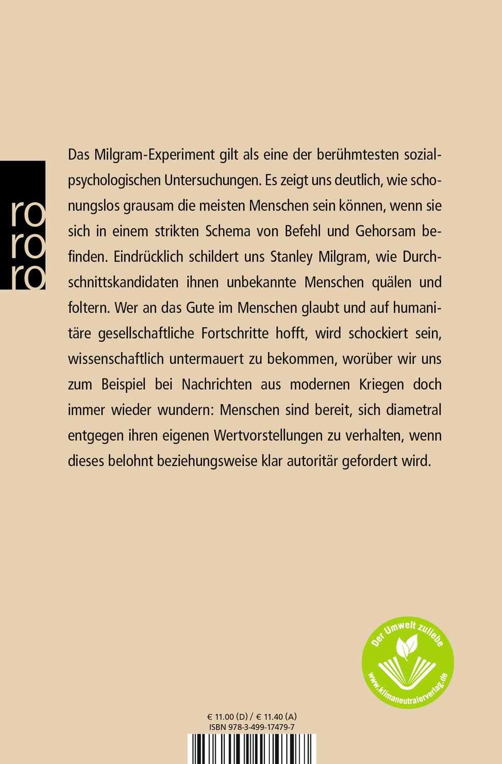 Rückseite: 9783499174797 | Das Milgram - Experiment | Stanley Milgram | Taschenbuch | Deutsch