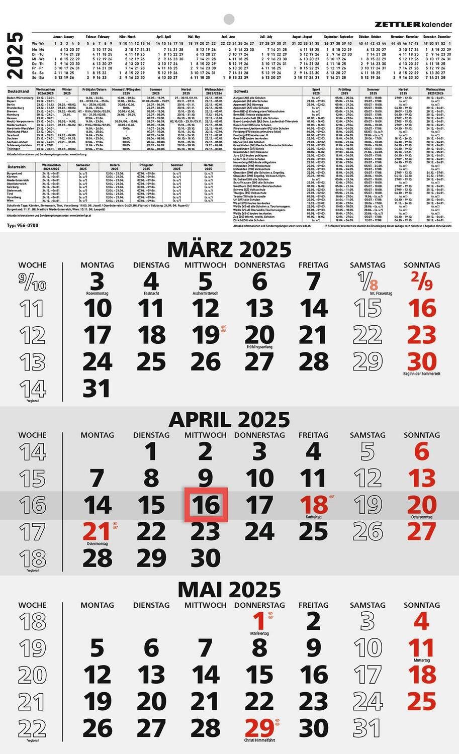 Cover: 4006928026104 | 3-Monatskalender schwarz/rot 2025 - 29,7x48,8 - mit Kopftafel -...