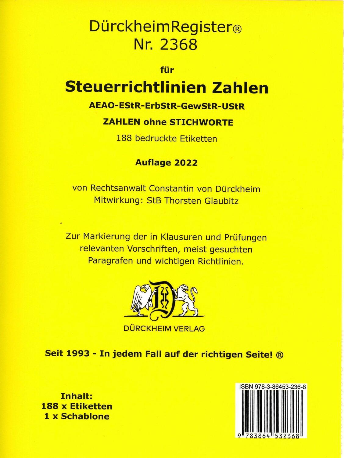 Cover: 9783864532368 | DürckheimRegister® Steuerrichtlinien Zahlen (2022) | Glaubitz (u. a.)