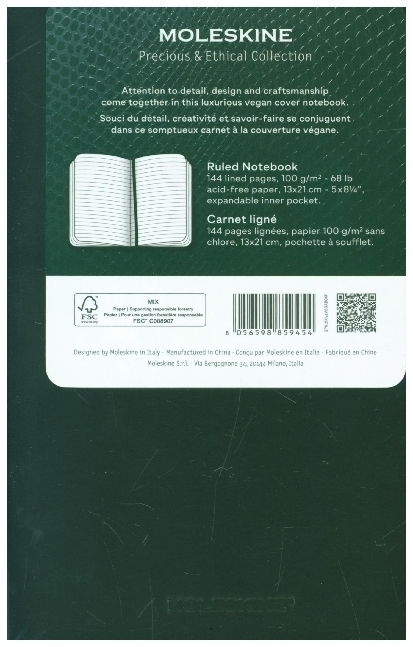 Cover: 8056598859454 | Moleskine Vegea Boa Notizbuch Large/A5 liniert weicher Einband grün...