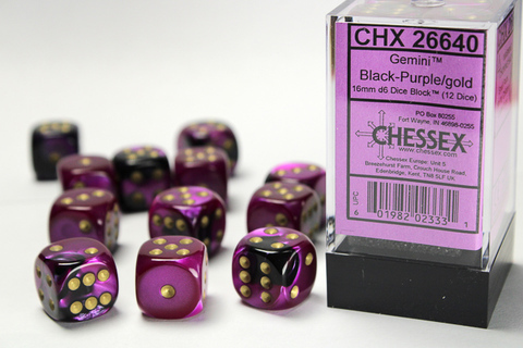 Cover: 601982023331 | Gemini® 16mm d6 Black-Purple/gold Dice Block™ (12 dice) | deutsch