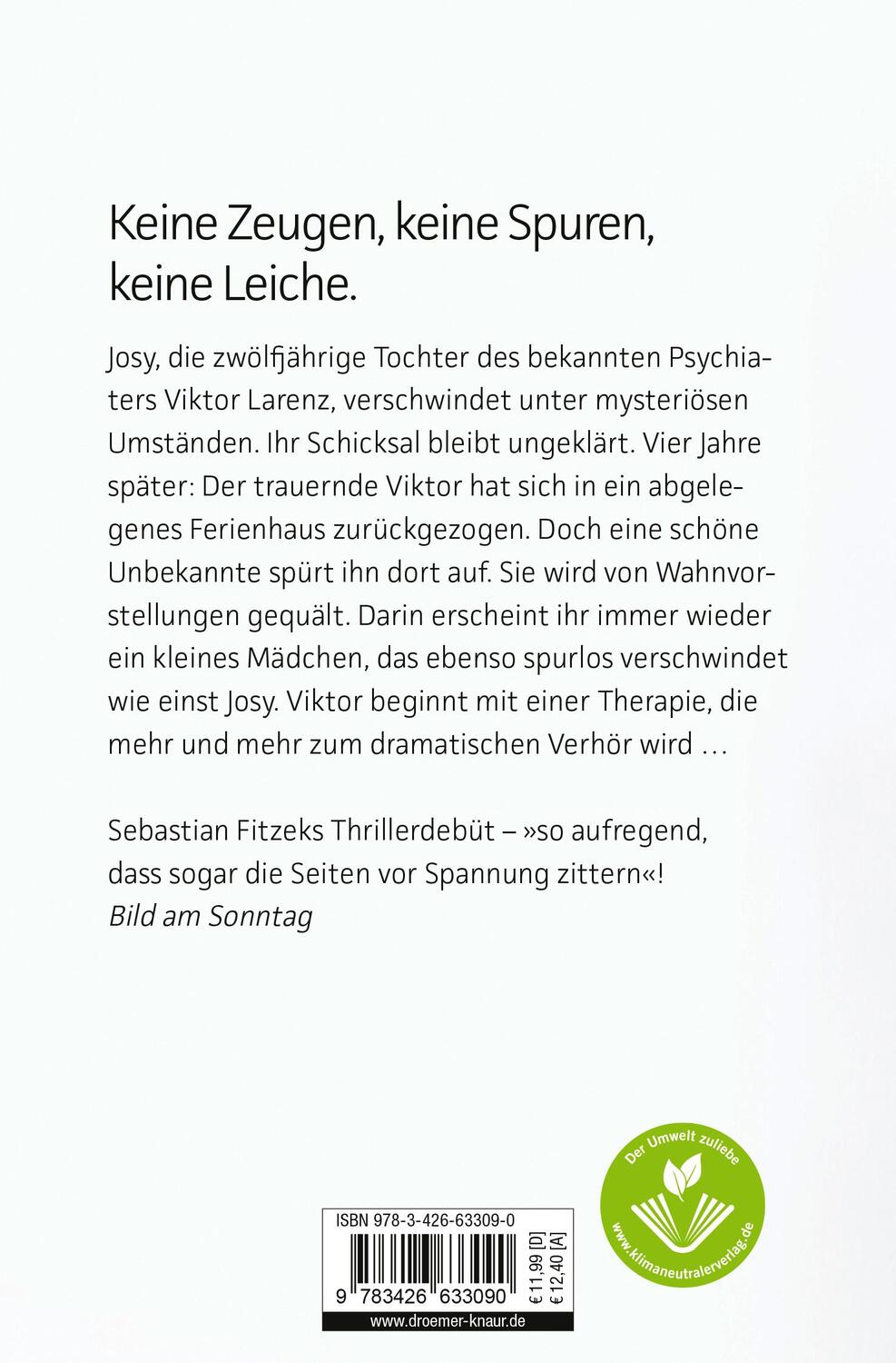 Rückseite: 9783426633090 | Die Therapie | Psychothriller | Sebastian Fitzek | Taschenbuch | 2006