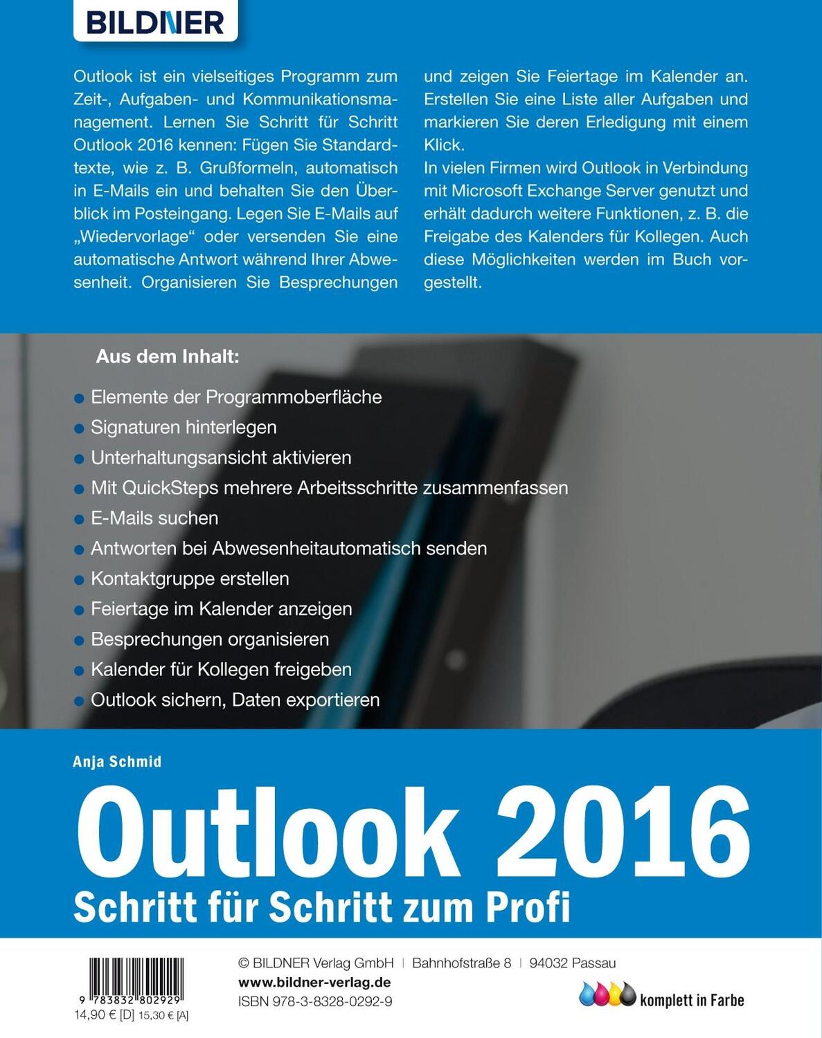 Rückseite: 9783832802929 | Outlook 2016 Schritt für Schritt zum Profi | Anja Schmid | Taschenbuch