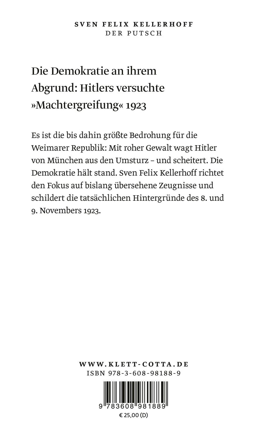 Rückseite: 9783608981889 | Der Putsch | Hitlers erster Griff nach der Macht | Kellerhoff | Buch