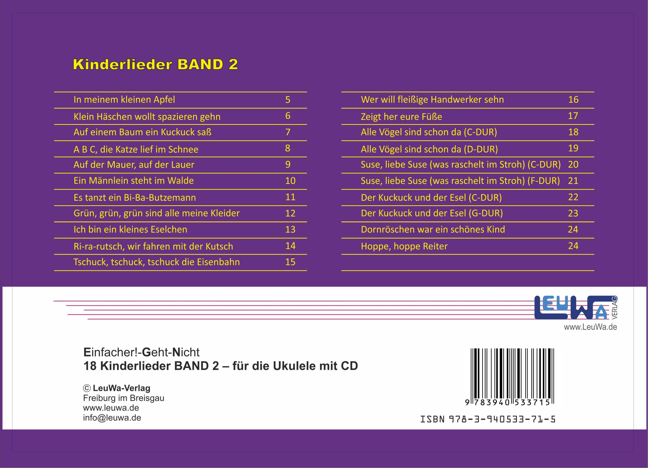 Rückseite: 9783940533715 | Einfacher!-Geht-Nicht: 18 Kinderlieder BAND 2 - für die Ukulele mit CD