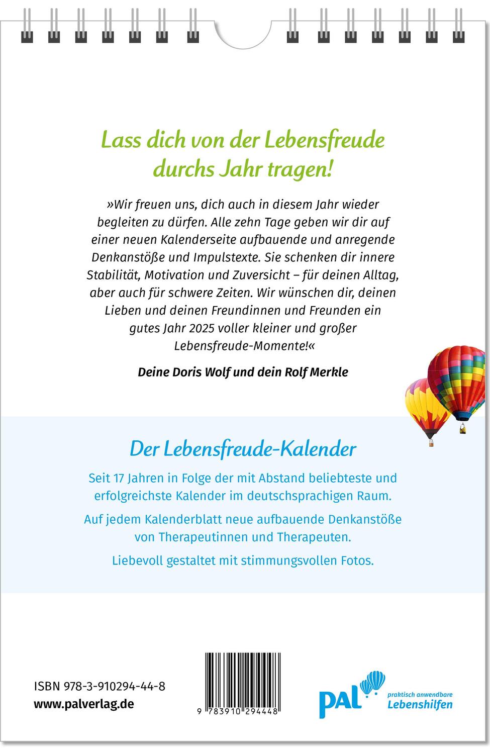 Rückseite: 9783910294448 | Der Lebensfreude-Kalender 2025 | Doris Wolf (u. a.) | Kalender | 40 S.