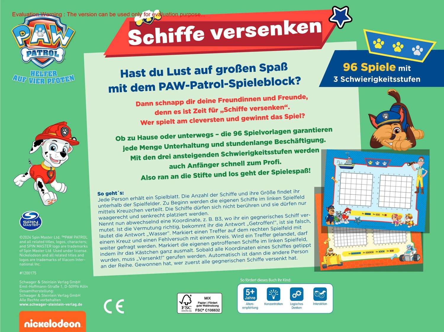 Rückseite: 9783849944469 | PAW Patrol Schiffe versenken Spieleblock | Schwager &amp; Steinlein Verlag