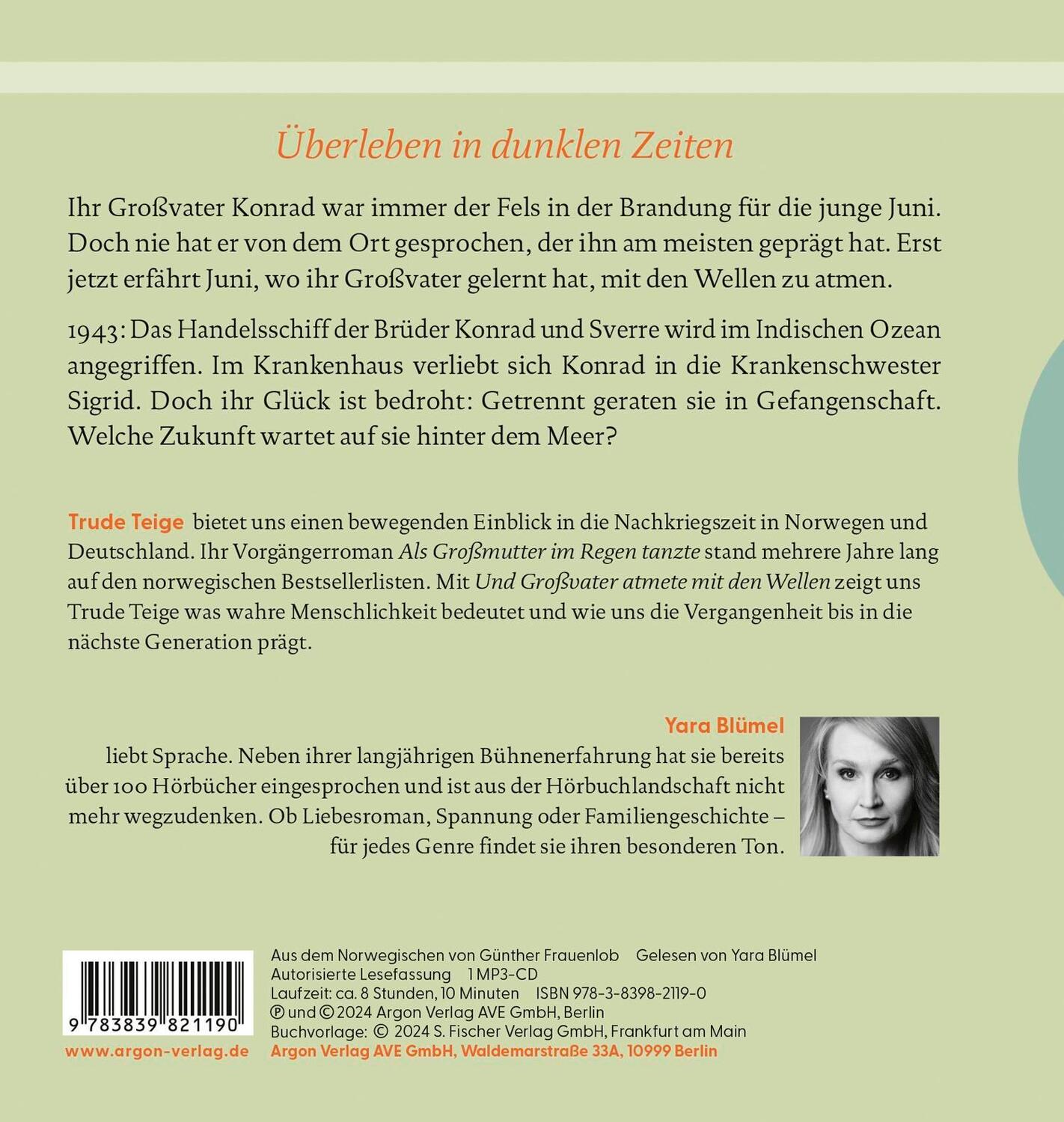 Rückseite: 9783839821190 | Und Großvater atmete mit den Wellen | Trude Teige | MP3 | 1 Audio-CD