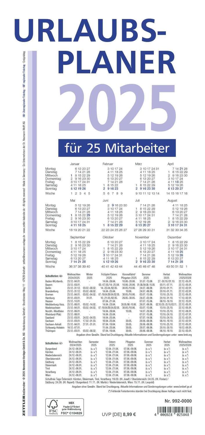 Cover: 4006928025848 | Urlaubsplaner 2025 100x29,7 - 16 Monate- Wandplaner - gefalzt - für...