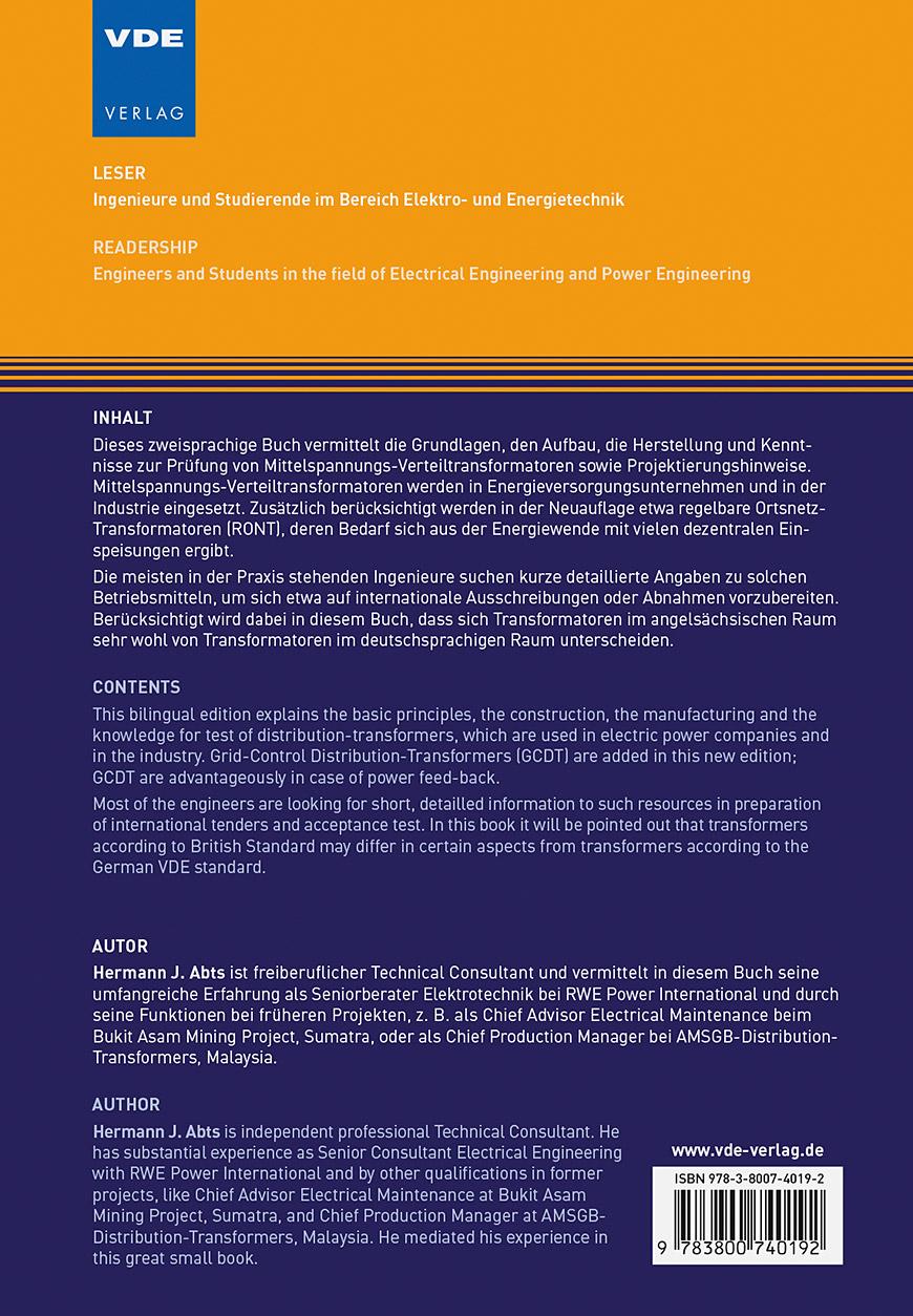 Rückseite: 9783800740192 | Verteil-Transformatoren - Distribution-Transformers | Hermann J. Abts