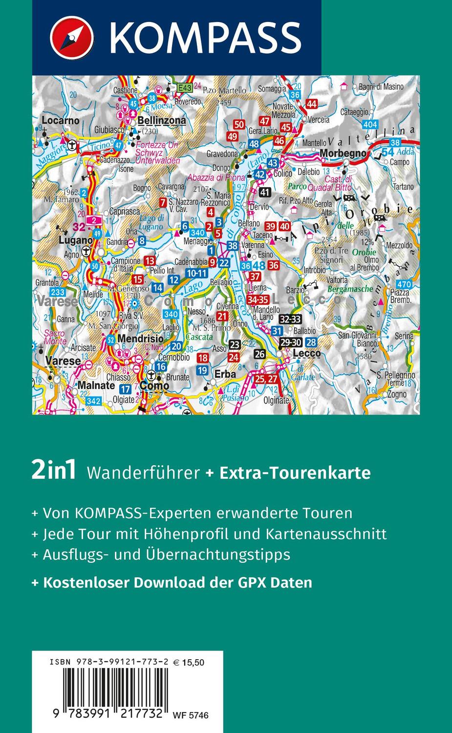 Rückseite: 9783991217732 | KOMPASS Wanderführer Comer See, 50 Touren | Franziska Baumann | Buch