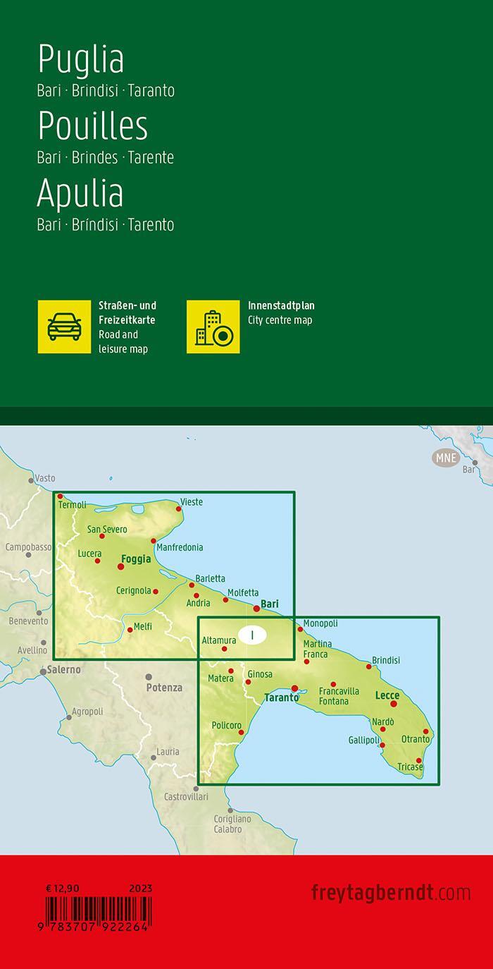 Rückseite: 9783707922264 | Apulien, Straßen- und Freizeitkarte 1:150.000, freytag &amp; berndt | 2023