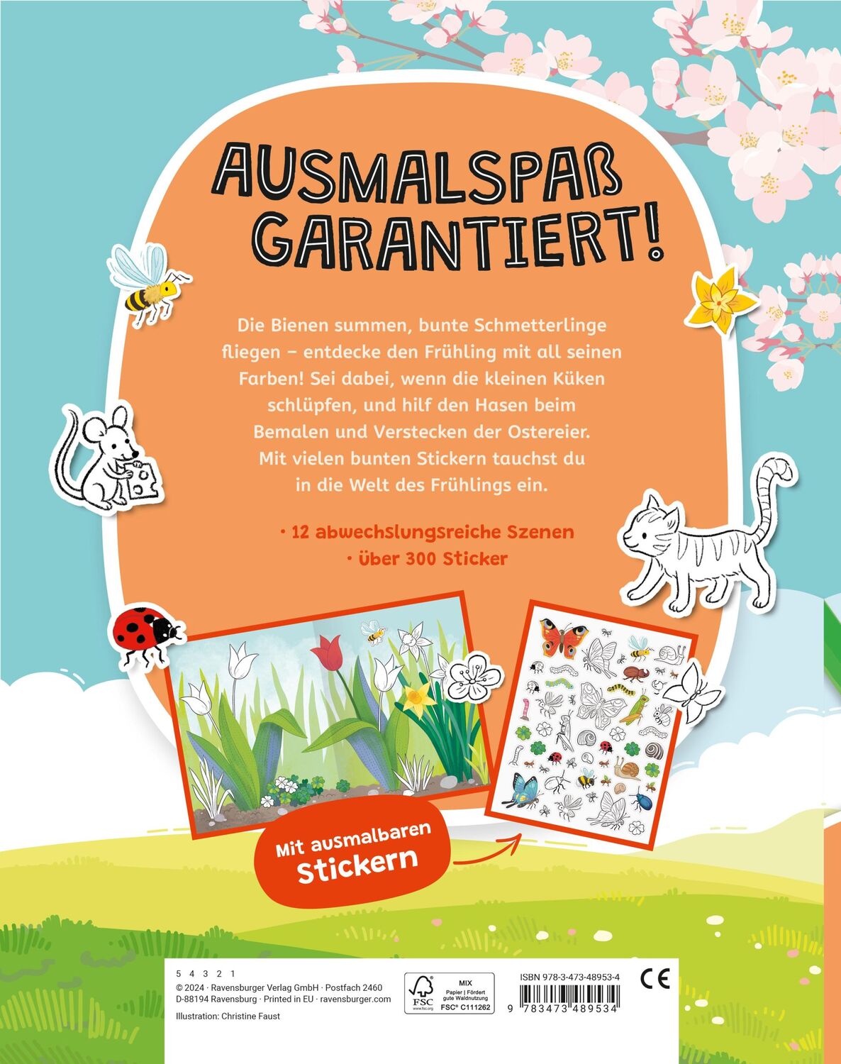 Rückseite: 9783473489534 | Ravensburger Mein Ausmalstickerbuch Frühling - Großes Buch mit über...