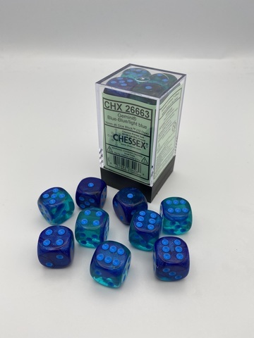 Cover: 601982034269 | Gemini® 16mm d6 Blue-Blue/light blue Luminary™ Dice Block™ (12 dice)