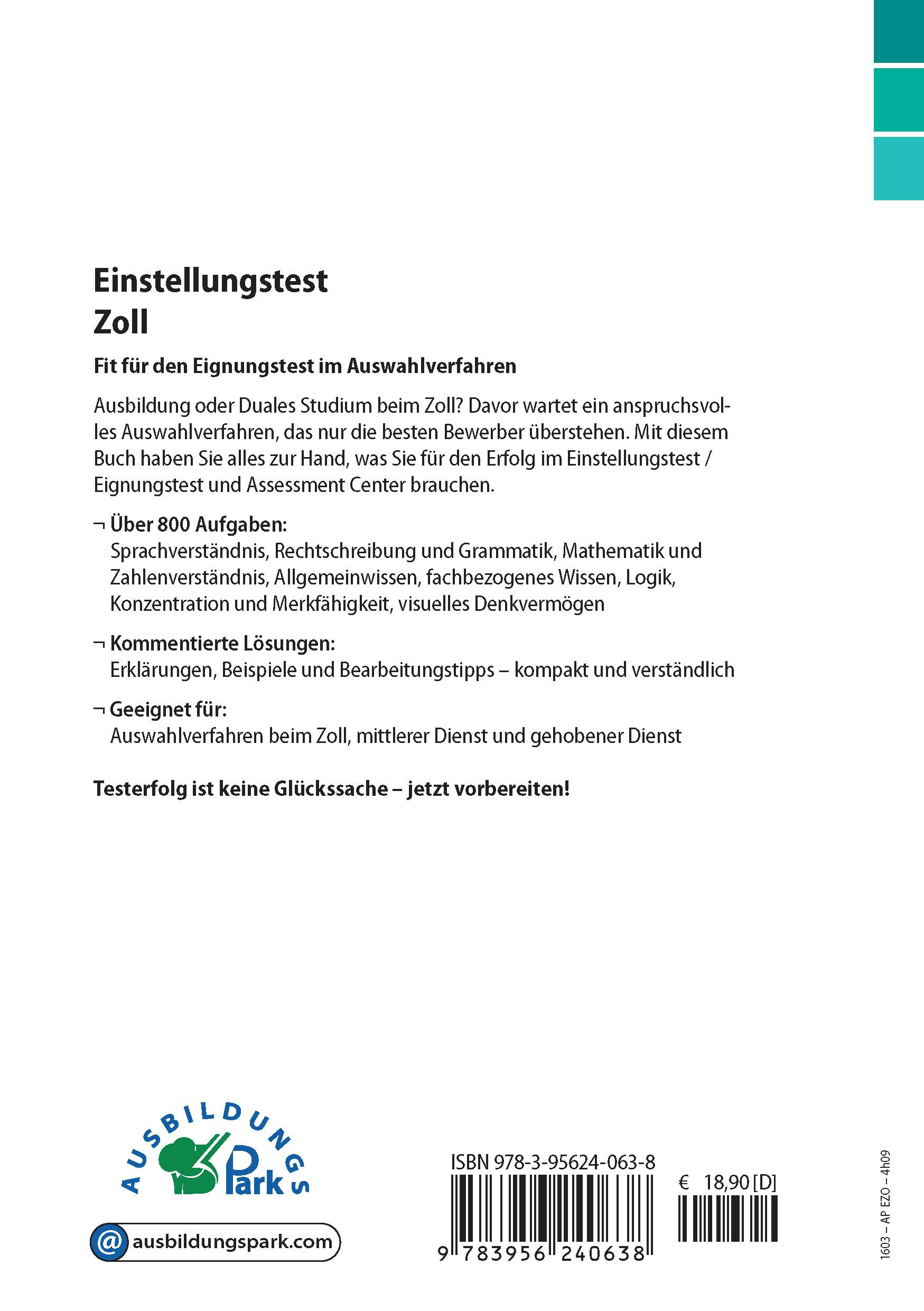 Rückseite: 9783956240638 | Einstellungstest Zoll | Kurt Guth (u. a.) | Taschenbuch | 302 S.