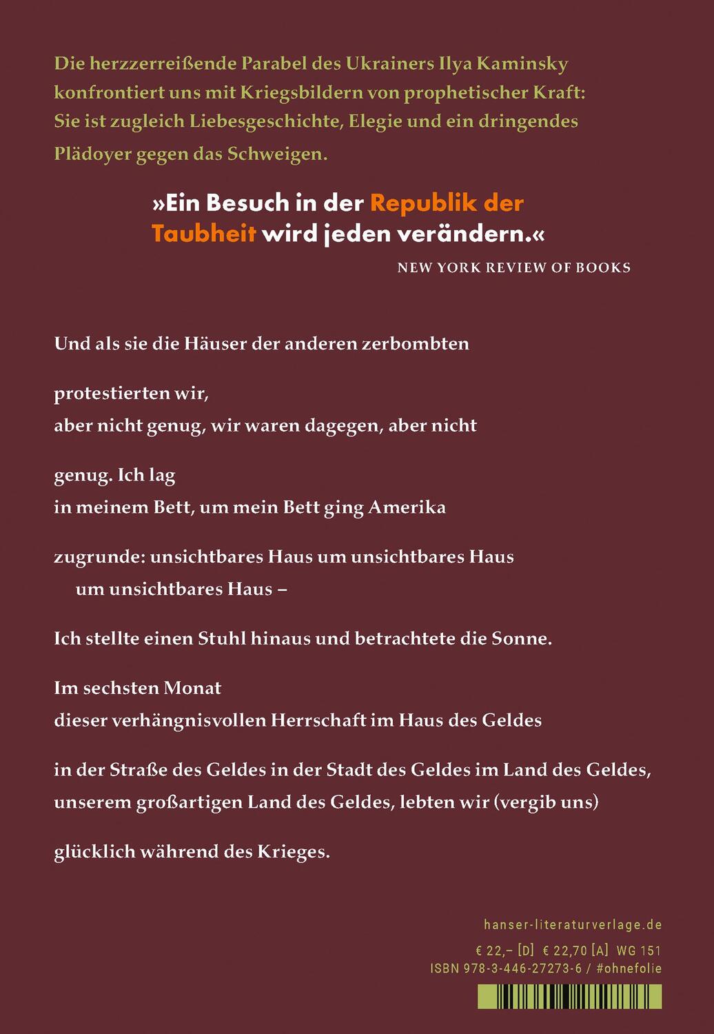 Bild: 9783446272736 | Republik der Taubheit | Ilya Kaminsky | Buch | 112 S. | Deutsch | 2022