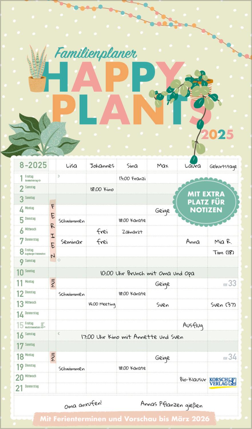 Cover: 9783731880370 | Familienplaner Happy Plants 2025 | Verlag Korsch | Kalender | 14 S.
