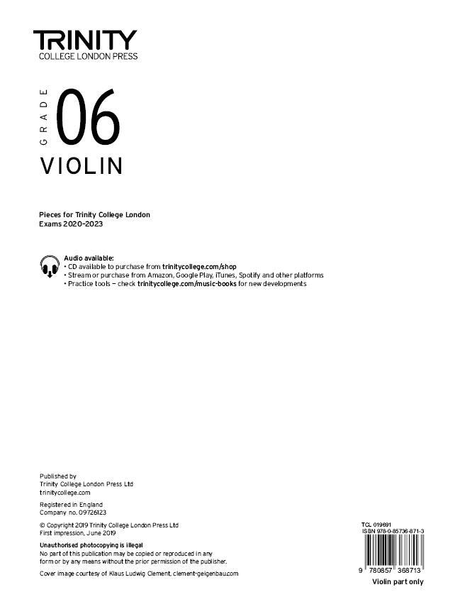 Cover: 9780857368713 | Trinity Violin 2020-2023. Grade 6 Part | Trinity College London | 2019