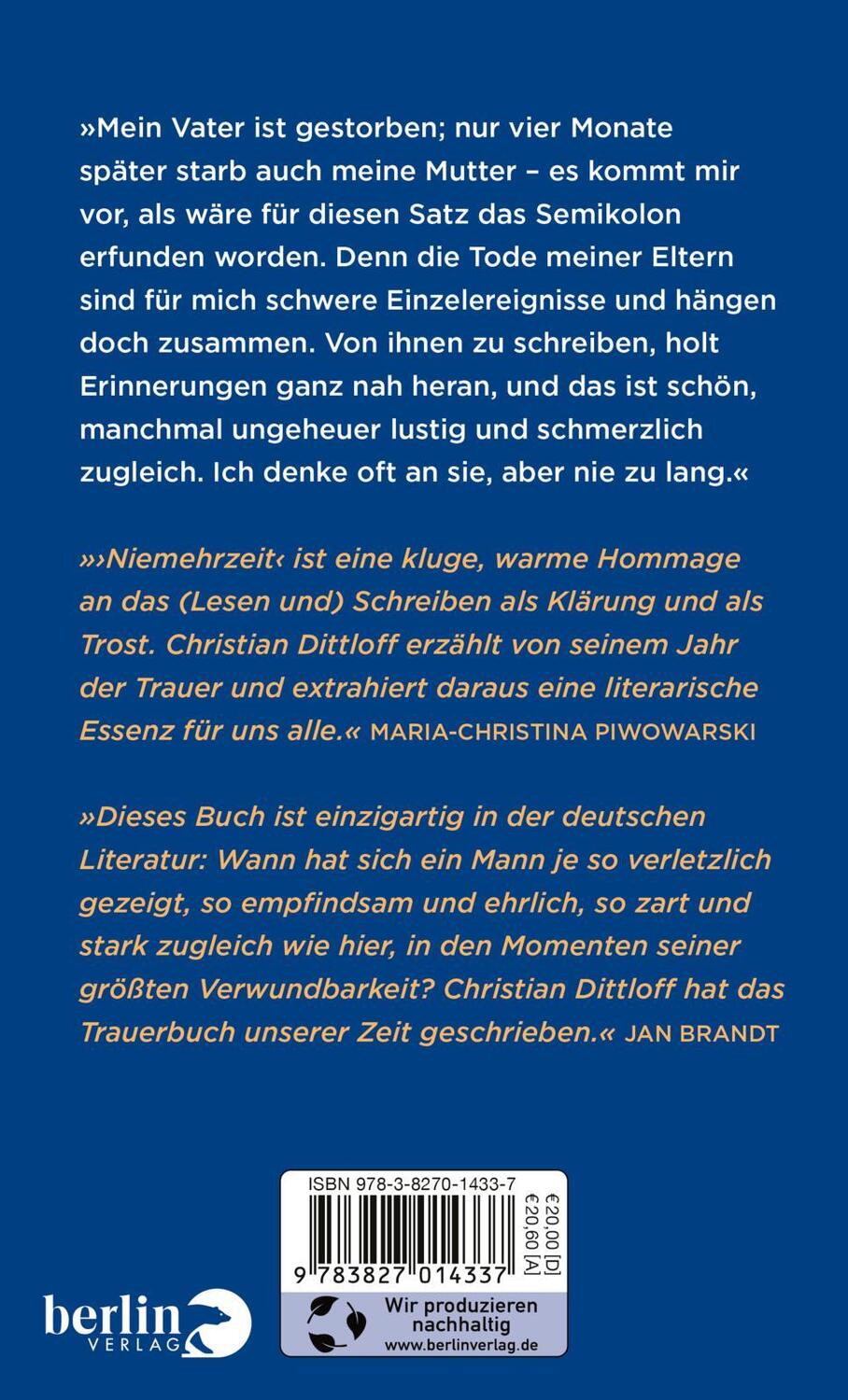 Rückseite: 9783827014337 | Niemehrzeit | Christian Dittloff | Buch | Deutsch | 2021