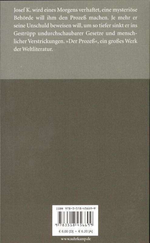 Rückseite: 9783518456699 | Der Prozeß | Franz Kafka | Taschenbuch | Deutsch | 2005