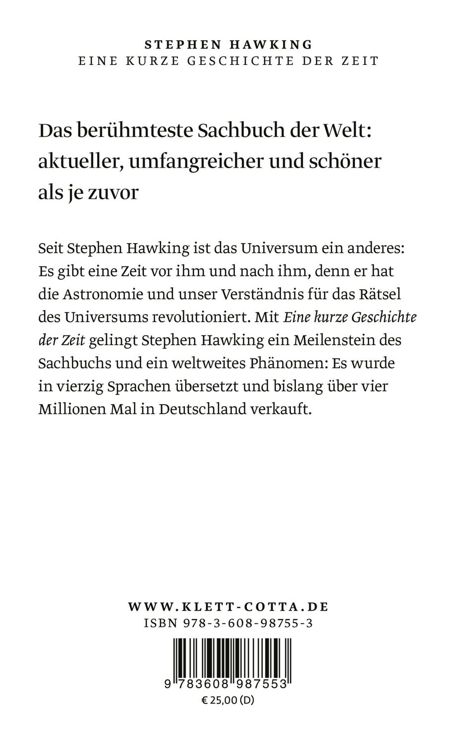 Rückseite: 9783608987553 | Eine kurze Geschichte der Zeit | Stephen Hawking | Buch | 352 S.