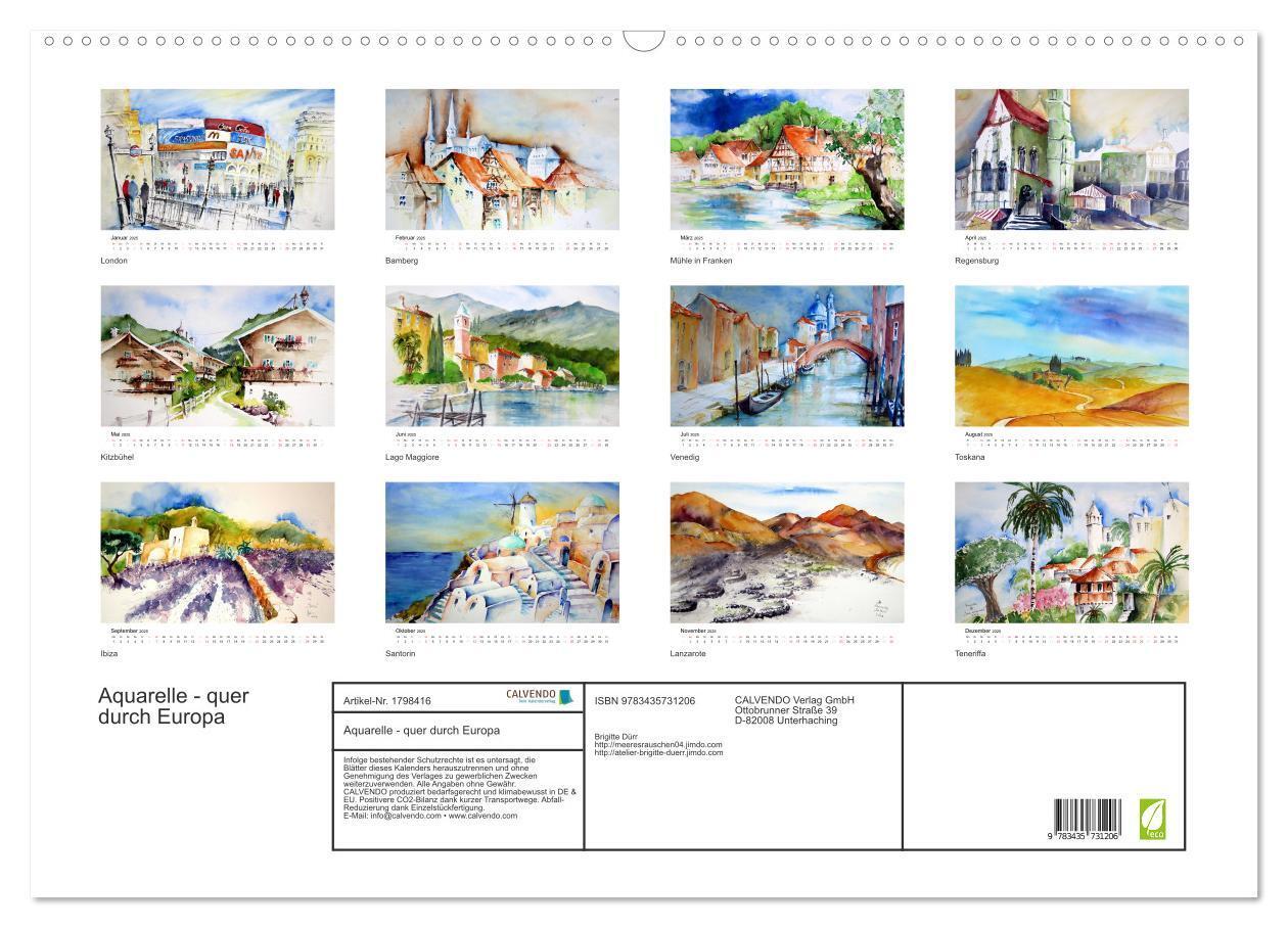 Bild: 9783435731206 | Aquarelle - quer durch Europa (Wandkalender 2025 DIN A2 quer),...