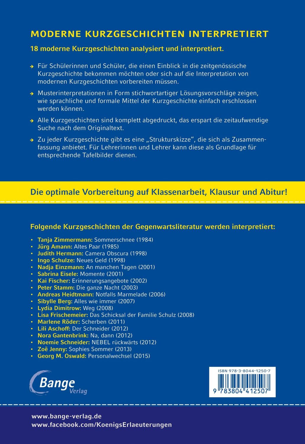 Rückseite: 9783804412507 | Moderne Kurzgeschichten interpretiert | Volker Krischel | Taschenbuch