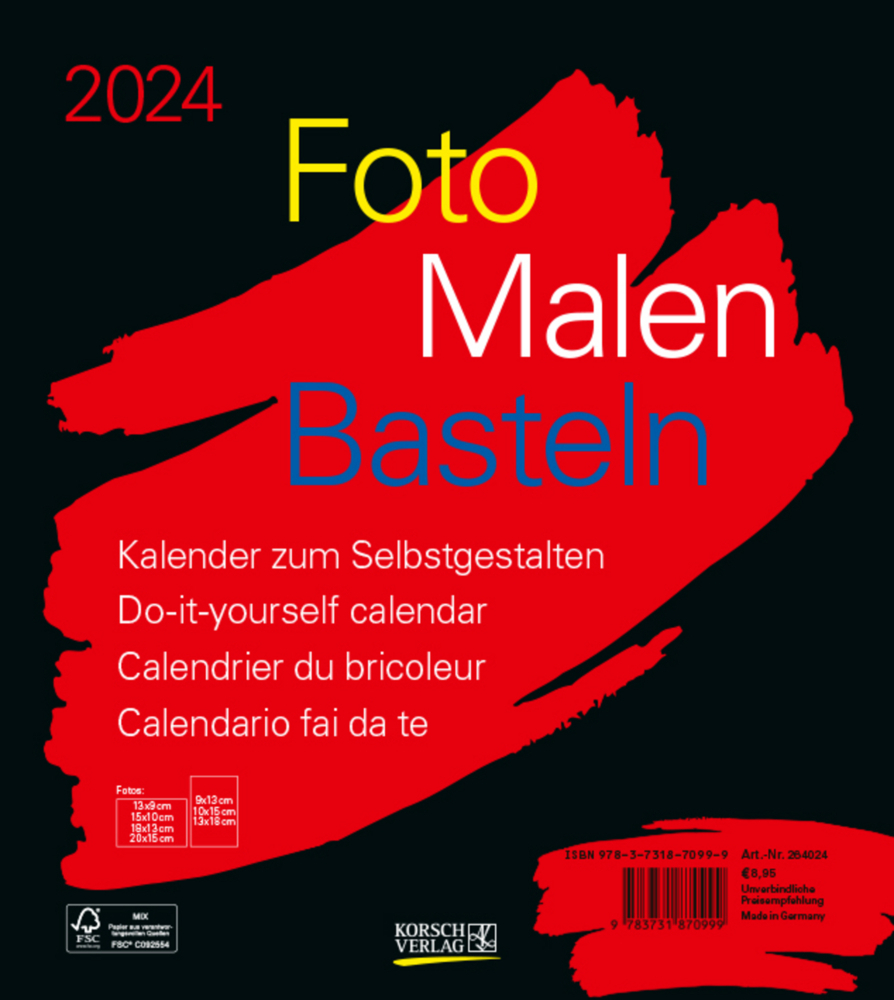 Cover: 9783731870999 | Foto-Malen-Basteln Bastelkalender schwarz 2024 | Korsch Verlag | 14 S.