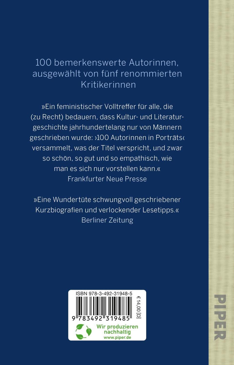 Rückseite: 9783492319485 | 100 Autorinnen in Porträts | Verena Auffermann (u. a.) | Taschenbuch