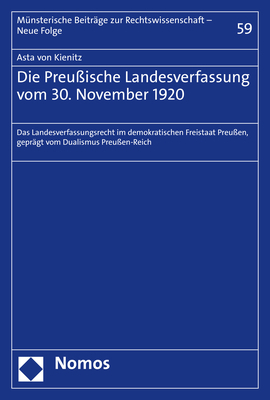 Cover: 9783848782956 | Die Preußische Landesverfassung vom 30. November 1920 | Kienitz | Buch