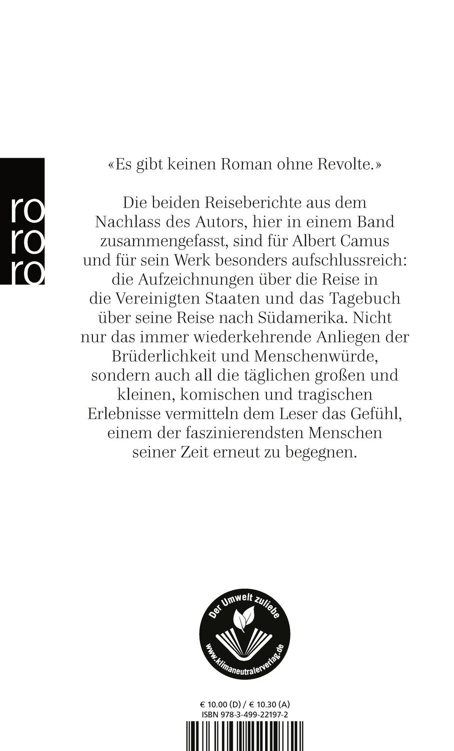 Rückseite: 9783499221972 | Reisetagebücher | Albert Camus | Taschenbuch | Deutsch | 1997