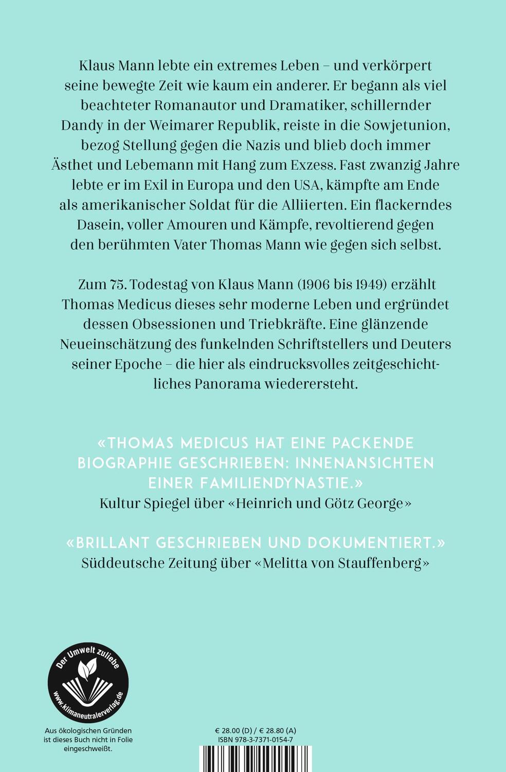 Rückseite: 9783737101547 | Klaus Mann | Ein Leben | Thomas Medicus | Buch | 544 S. | Deutsch