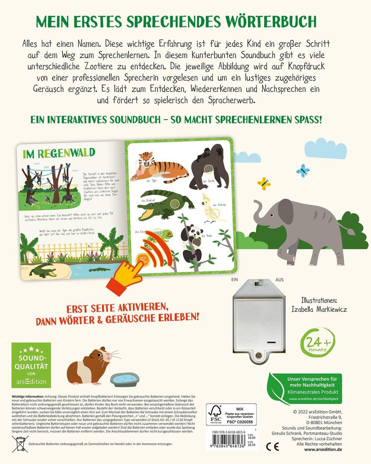 Rückseite: 9783845848136 | Mein sprechendes Soundbuch - Tiere im Zoo | 44 Wörter &amp; Geräusche