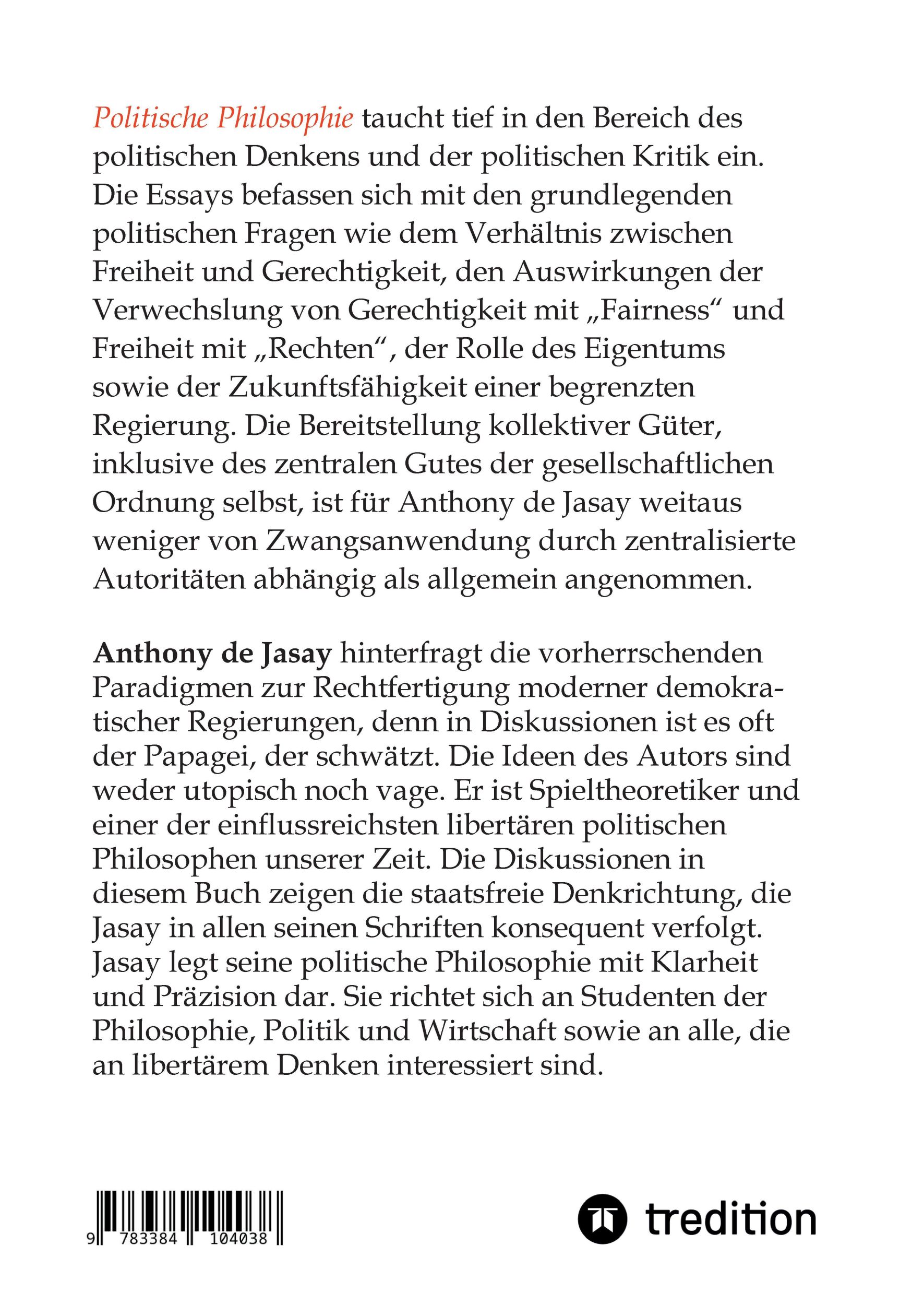 Rückseite: 9783384104038 | Politische Philosophie | Anthony De Jasay | Buch | 412 S. | Deutsch