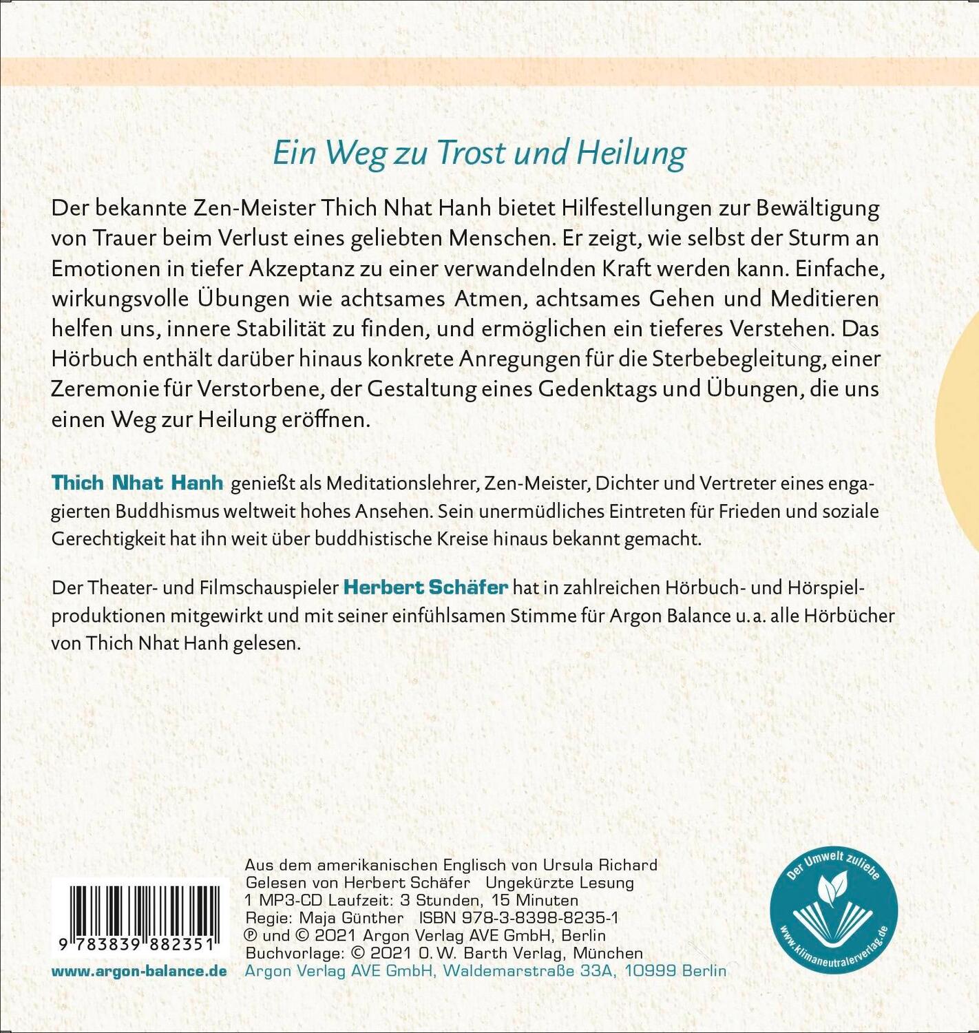 Rückseite: 9783839882351 | Wie weiterleben, wenn ein geliebter Mensch stirbt? | Thich Nhat Hanh