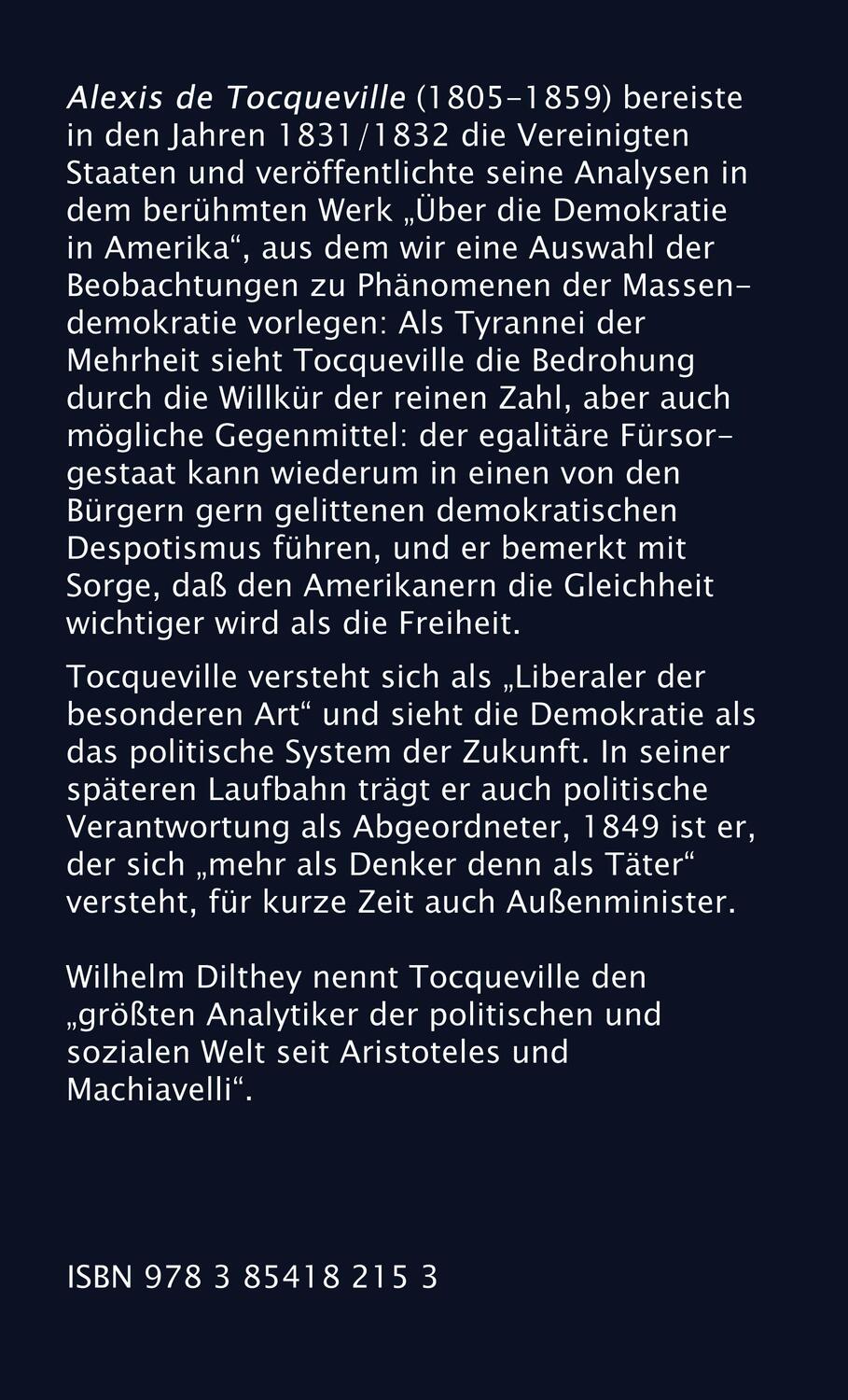 Rückseite: 9783854182153 | Die Tyrannei der Mehrheit | Alexis De Tocqueville | Buch | Deutsch