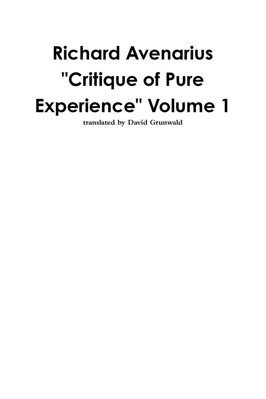 Cover: 9780359170258 | Richard Avenarius | "Critique of Pure Experience" Volume 1 | Grunwald