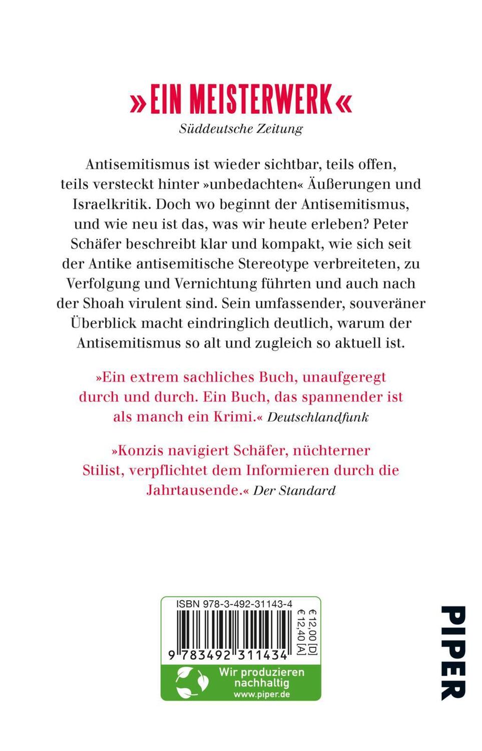 Rückseite: 9783492311434 | Kurze Geschichte des Antisemitismus | Peter Schäfer | Taschenbuch