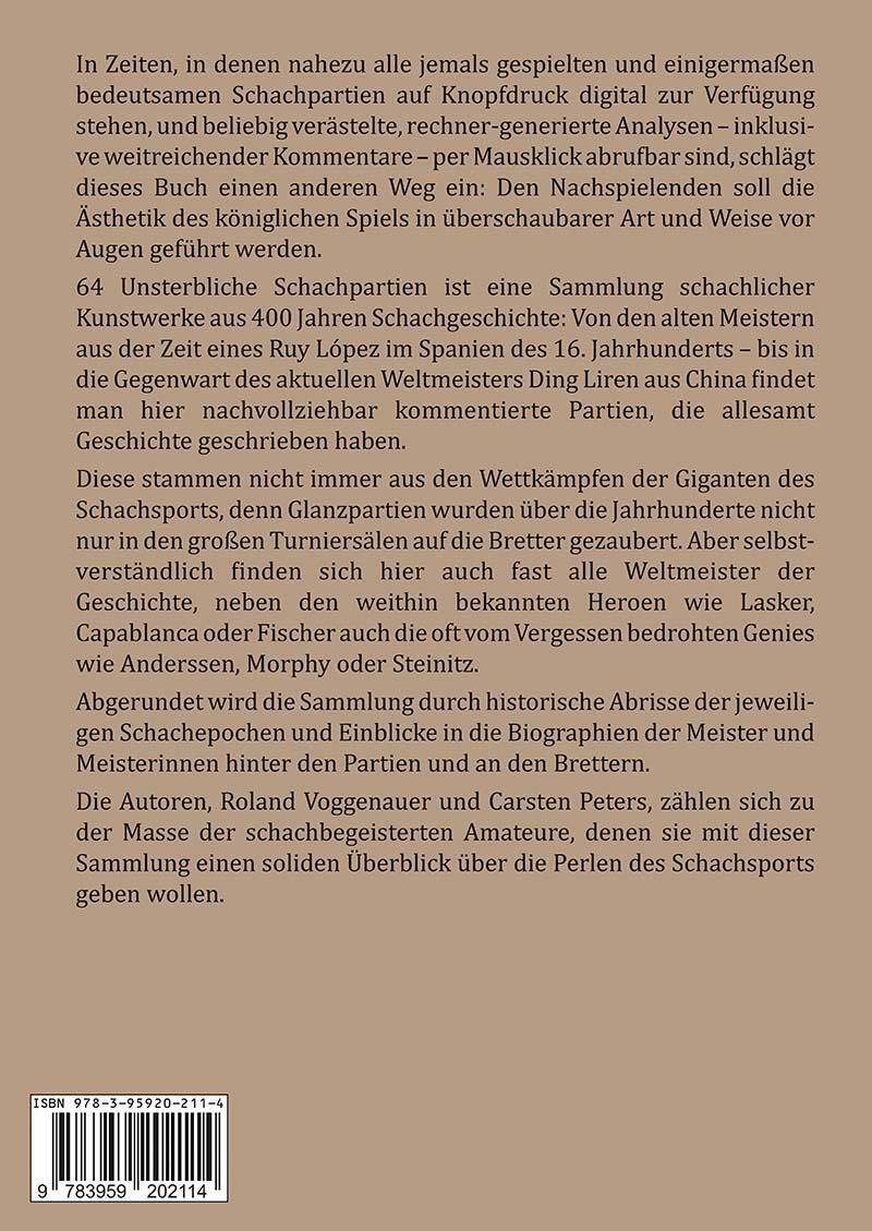 Rückseite: 9783959202114 | 64 Unsterbliche Schachpartien | Roland Voggenauer (u. a.) | Buch