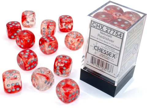 Cover: 601982032586 | Nebula® 16mm d6 Red/silver Luminary™ Dice Block™ (12 dice) | Chessex