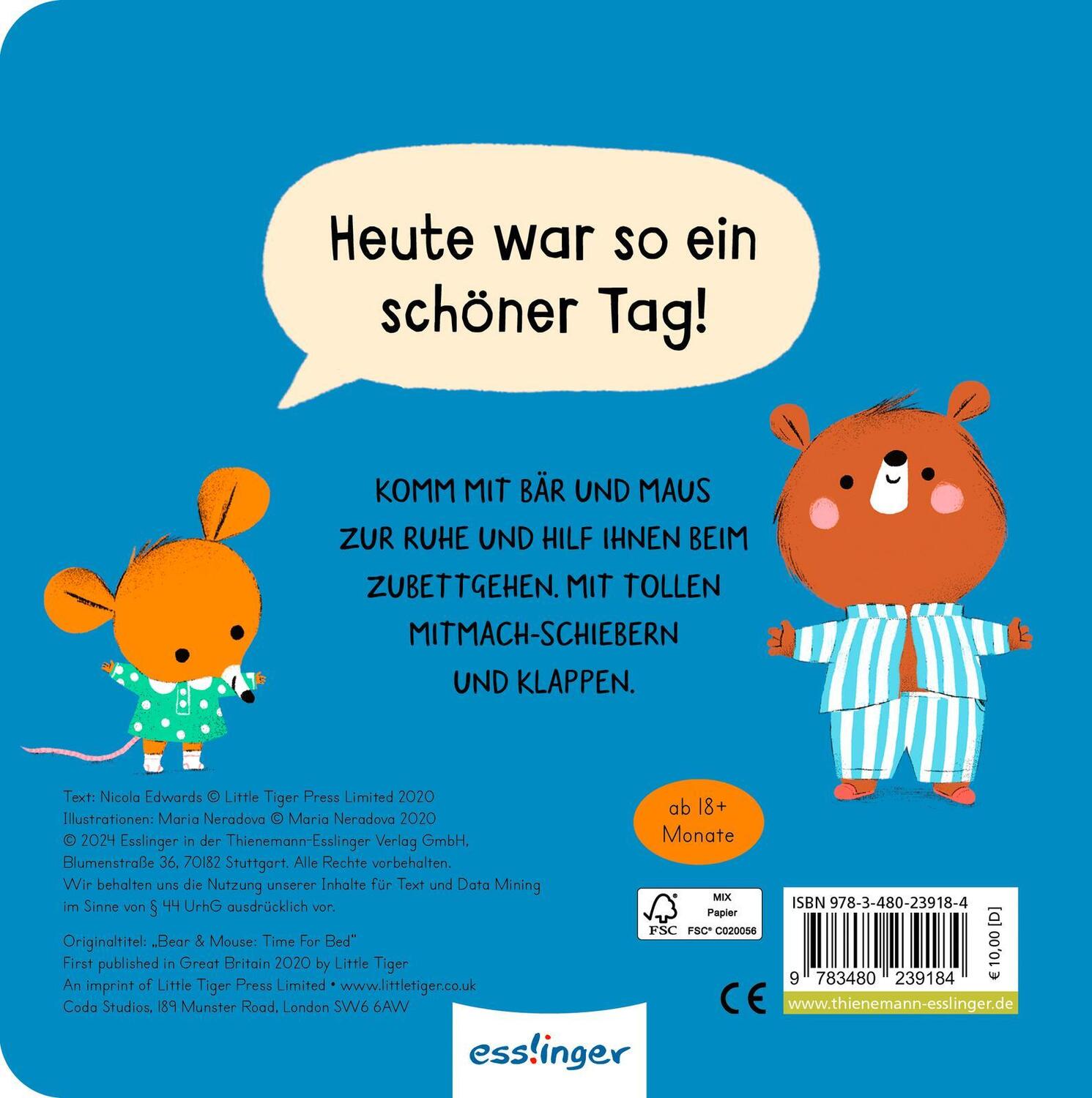 Rückseite: 9783480239184 | Bär &amp; Maus sagen gute Nacht | Mitmachbuch mit Schiebe-Elementen | Buch