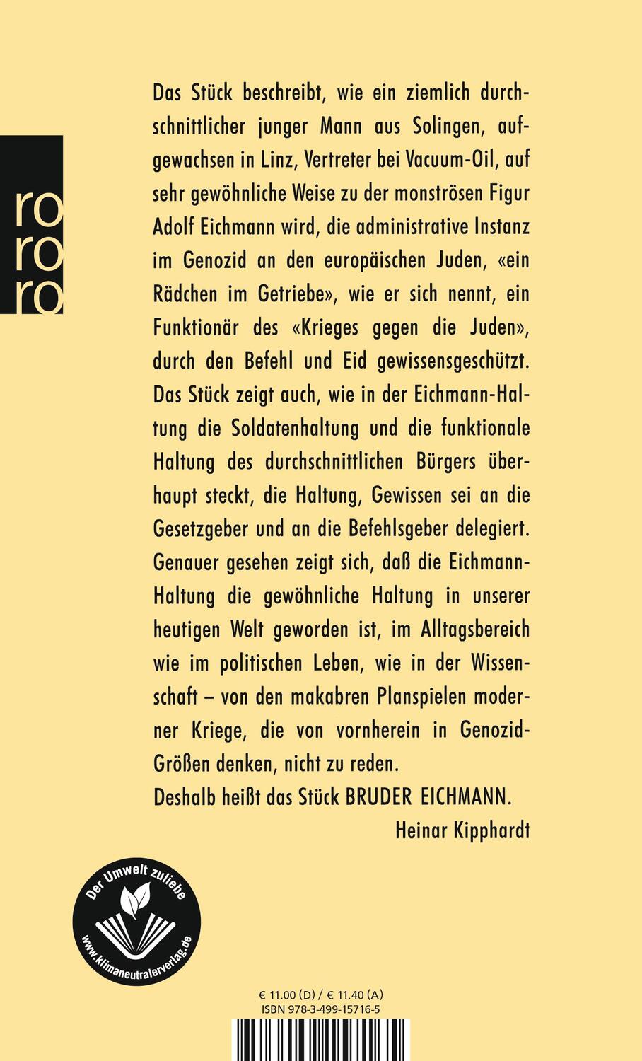 Rückseite: 9783499157165 | Bruder Eichmann | Schauspiel und Materialien, (Werkausgabe) | Buch