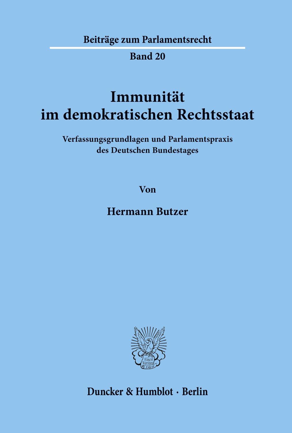 Cover: 9783428073054 | Immunität im demokratischen Rechtsstaat. | Hermann Butzer | Buch
