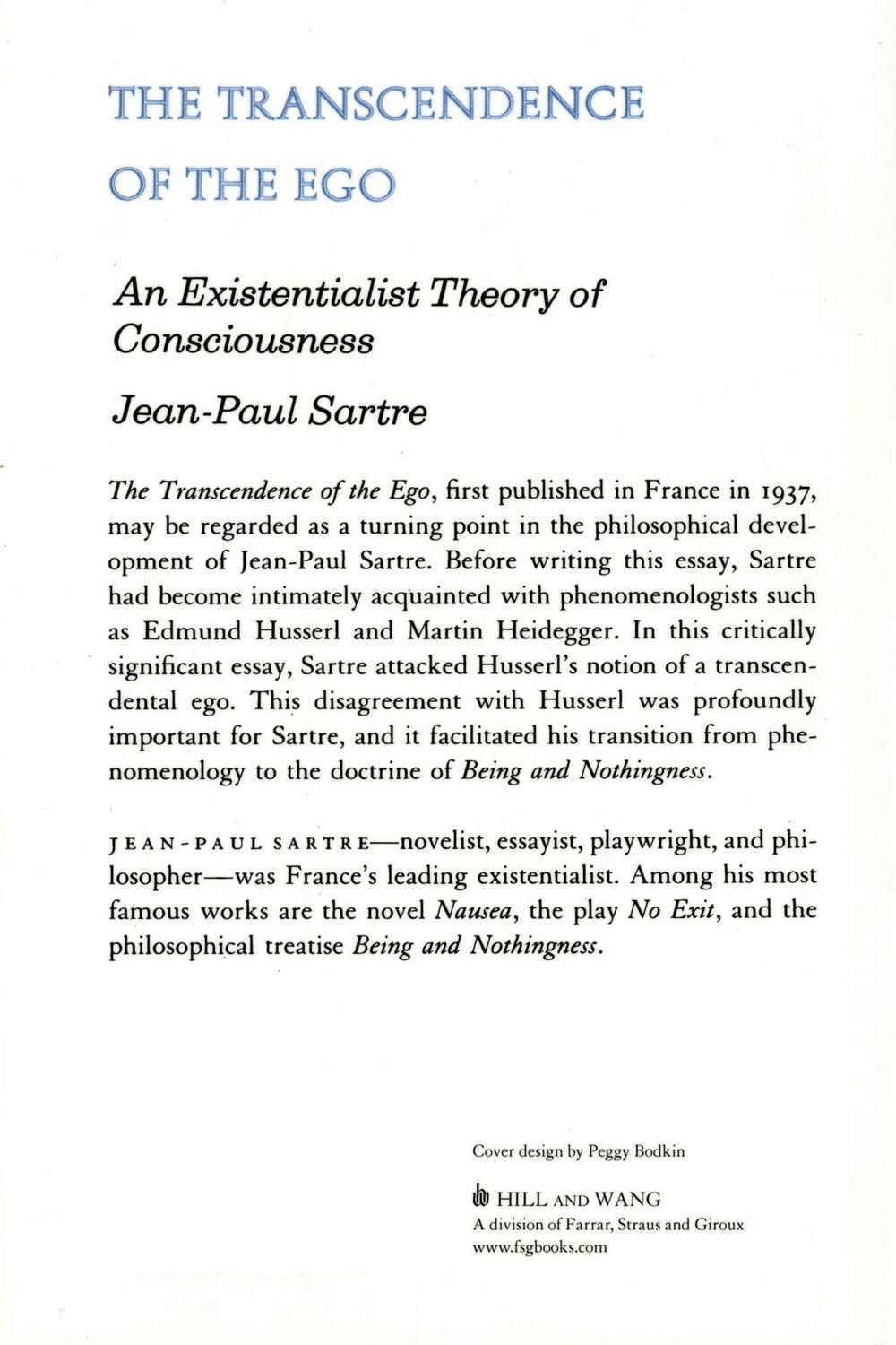 Rückseite: 9780809015450 | The Transcendence of the Ego | Jean-Paul Sartre | Taschenbuch | 1991