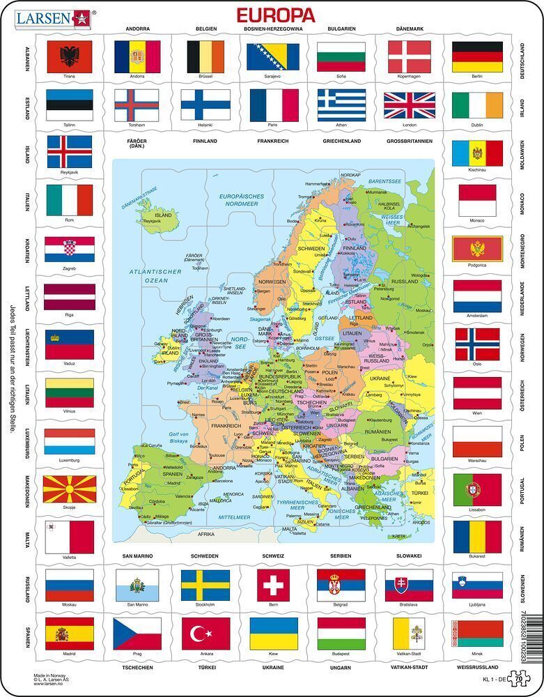 Cover: 7023852100233 | Europa Länder + Flaggen (Kinderpuzzle) | Spiel | 2021 | Larsen