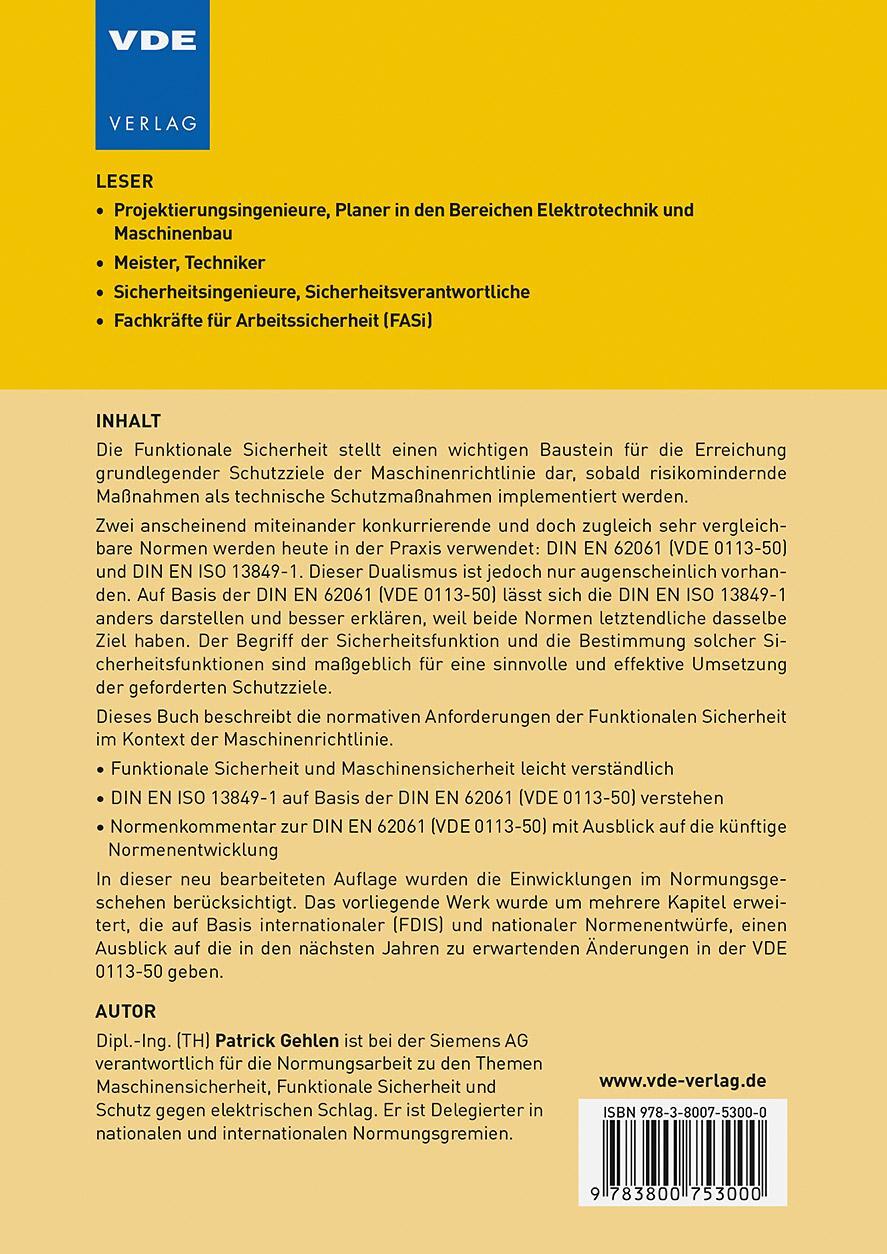 Rückseite: 9783800753000 | Sicherheit von Maschinen und Funktionale Sicherheit | Patrick Gehlen